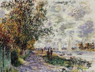 地味なシーン Painting - プティ・ジュヌヴィリエ・クロード・モネの川岸の風景